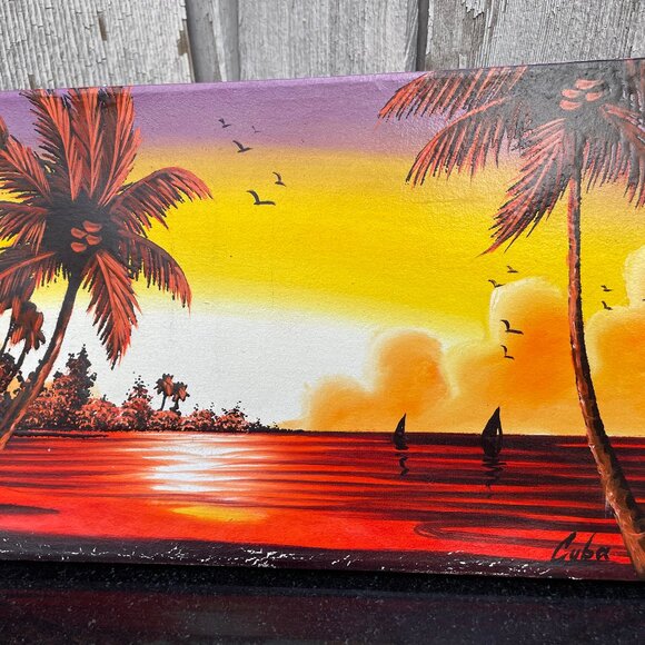 Cuba Cuban Tropical Sunset Painting Acrylic On Canvas Palm Trees Sailboats - Picture 3 of 5